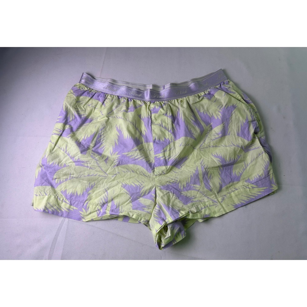 Victoria's Secret PINK Pajama Shorts Medium Purple Lime Palm Leaf Tropical Beach